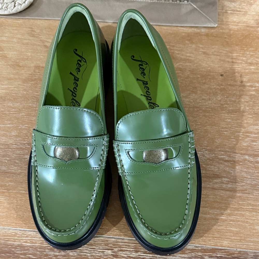 Free People Olive Green Leather Penny Loafers - Picture 1 of 3